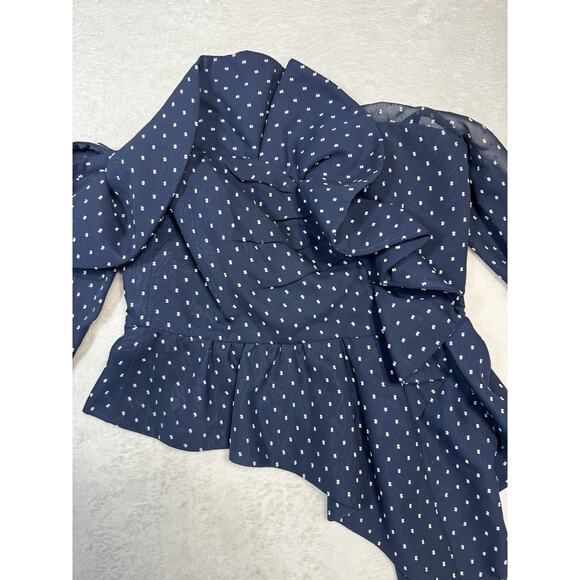 Self-Portrait Navy White Swiss Dot Plumetis Frilled One Shoulder Blouse Top SZ 6 - Picture 2 of 8